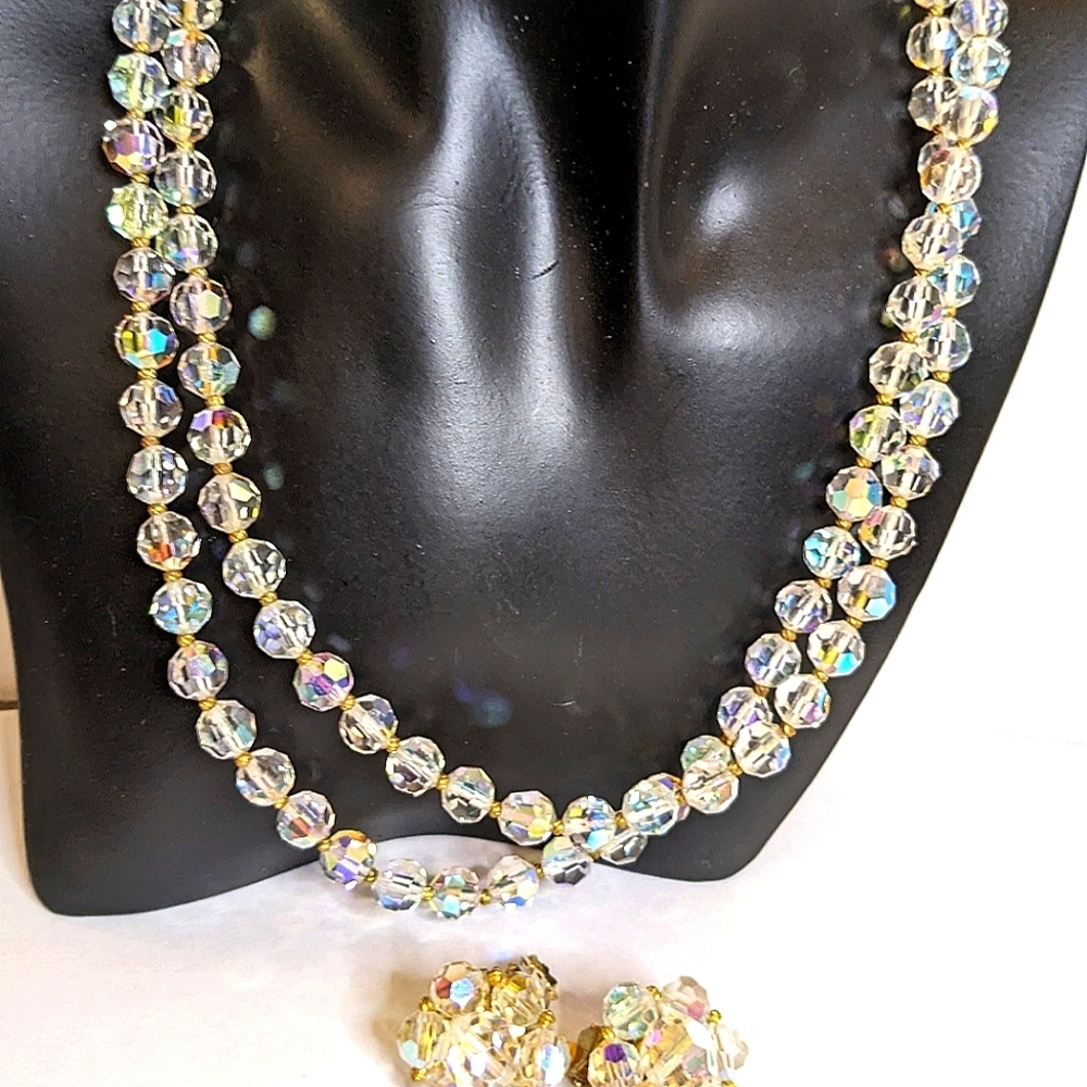 Vintage Demiparure  Gold Tone AB crystal Layered Necklace and Earring‎ Set